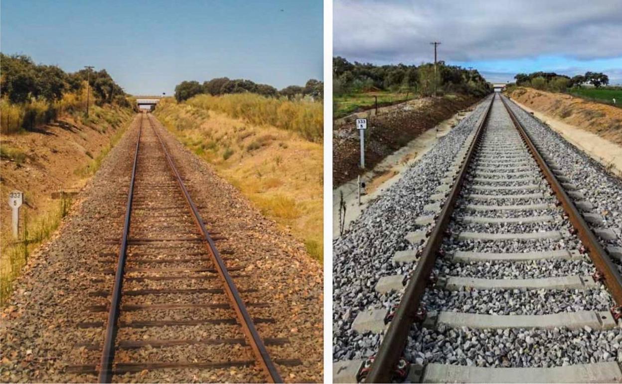 Imagen del 19 de enero donde se aprecia la vía en Cabeza del Buey antes y después de las obras.