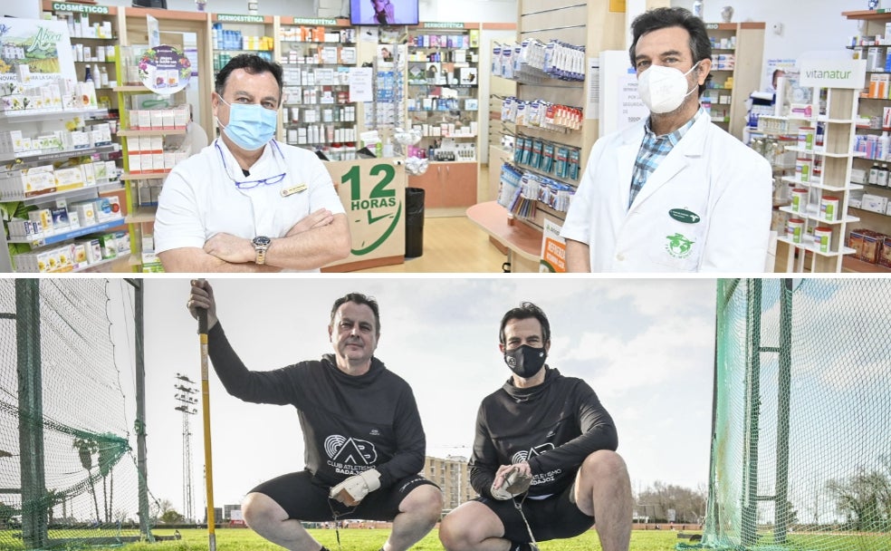 Arriba Jorge y Luis García Doncel ataviados con la bata en la farmacia del primero ubicada en Fernando Calzadilla. Abajo, los dos hermanos dentro de la jaula de lanzamiento de La Granadilla.