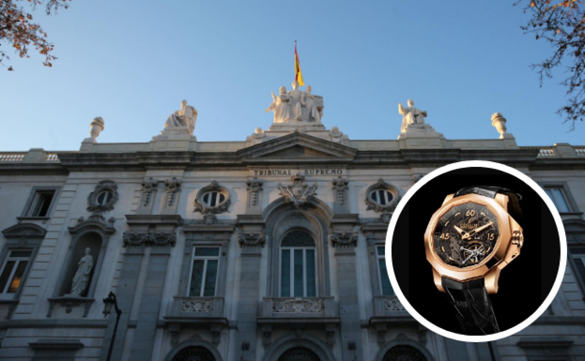 Arriba, fachada del Tribunal Supremo. A la derecha, modelo del reloj en cuestión.