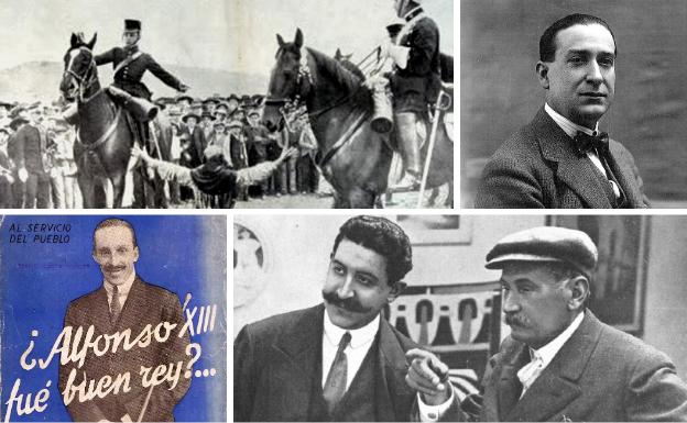 Izq. arriba: 1905, una mujer pide clemencia a Alfonso XIII en Badajoz.| Der. arriba: Campúa padre. | Izq. abajo: El libro publicado en 1934. | Der. abajo: El Caballero Audaz con Benito Pérez Galdos en 1914.