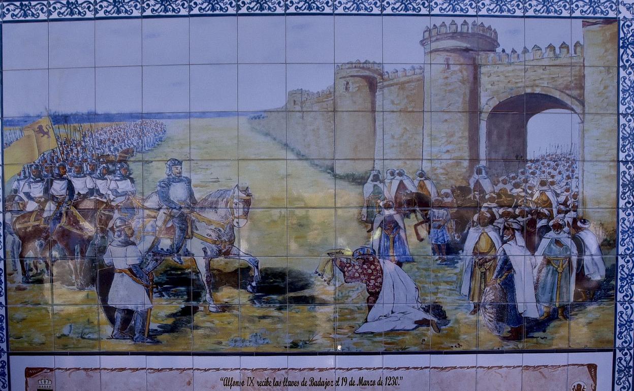 Mural conmemorativo de la conquista cristina por el rey Alfonso IX en el paseo del río.