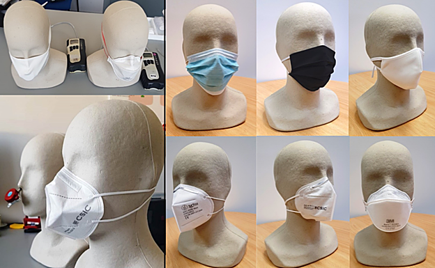 Experimentos de inhalación con diferentes tipos de mascarillas colocadas en maniquís de papel maché. La nariz se equipó con un tubo de entrada antielectrostático conectado a un cabezal de PM2.5 para recolectar partículas en suspensión en un filtro de cuarzo utilizando un monitor ambiental personal (PEM) con un caudal de 10 L/min. 
