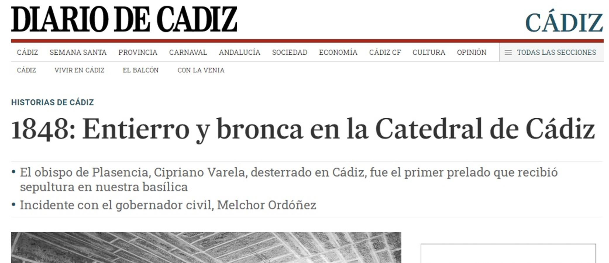 Noticia del Diario de Cádiz del 11 de abril de 2021, contando la bronca en la catedral gaditana por el entierro del obispo de Plasencia.