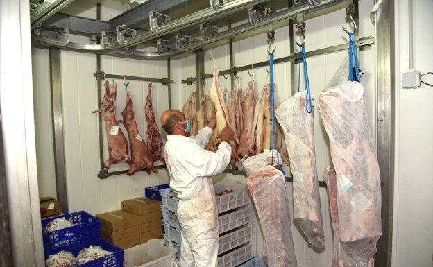 Un trabajador en la cámara frigorífica de la Carnicería Bernal.