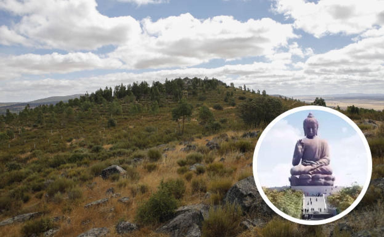 El cerro Arropez, donde se proyecta el complejo de la Fundación Lumbini y, en detalle, una recreación. 