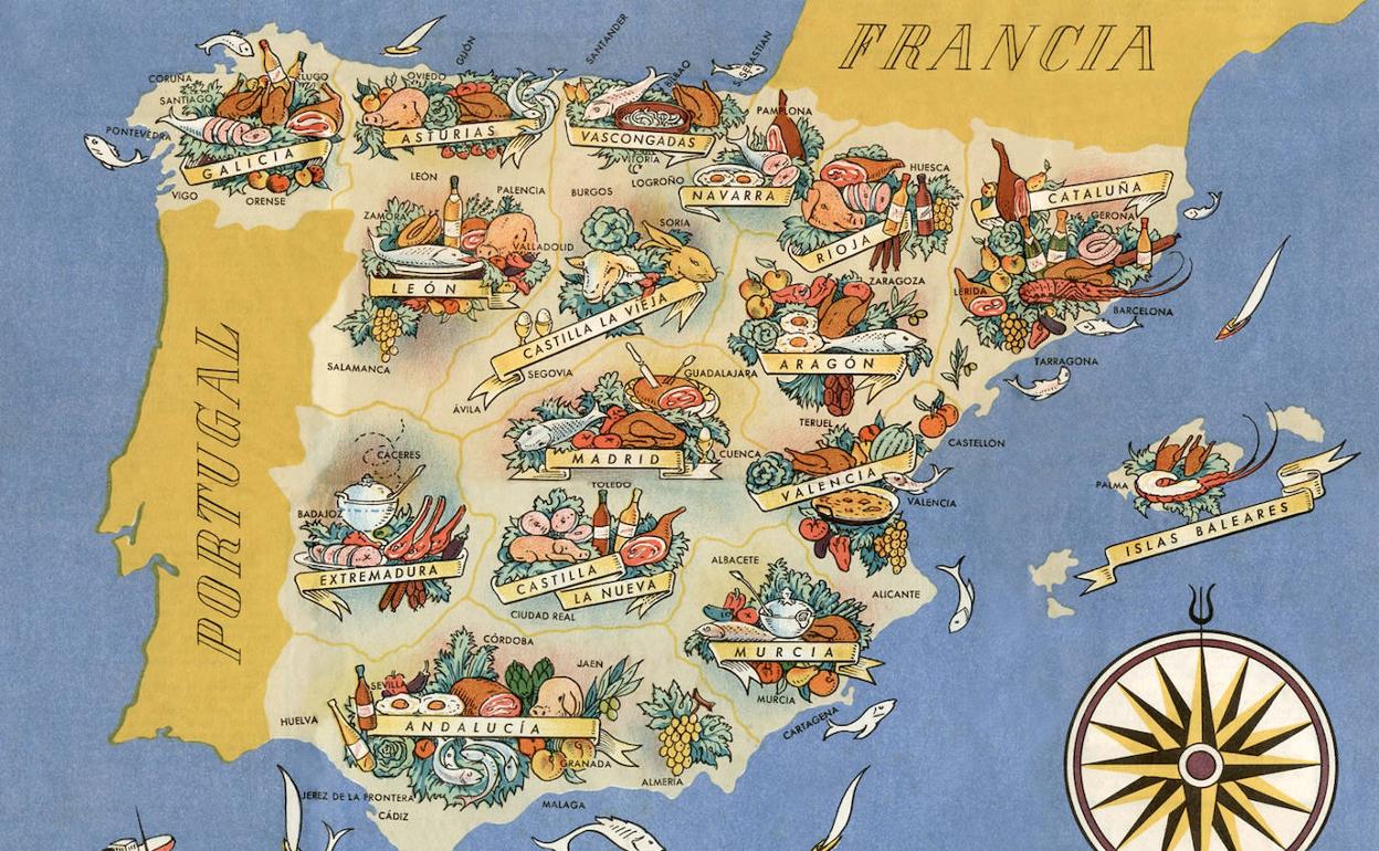 Mapa gastronómico de España de 1945.