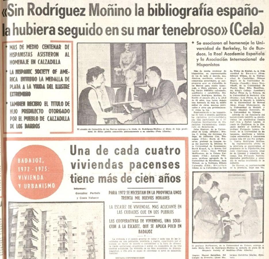 Noticia, del 8 de septiembre de 1971, del homenaje a Rodríguez-Moñino en Calzadilla de los Barros, el pueblo en el que nació.