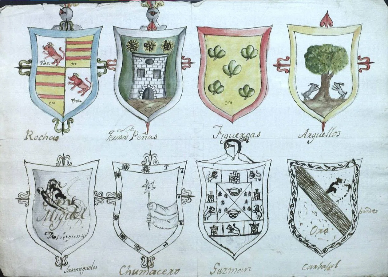 Documento del siglo XVIII con escudos familiares, donado por Rafael Rodríguez-Moñino a la Biblioteca Pública de Cáceres.