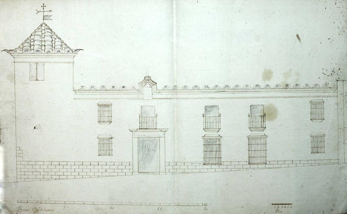 Plano de la Casa de los Moscosos en Badajoz, en el siglo XVIII. Donado por Rafael Rodríguez-Moñino a la Biblioteca Pública de Cáceres.
