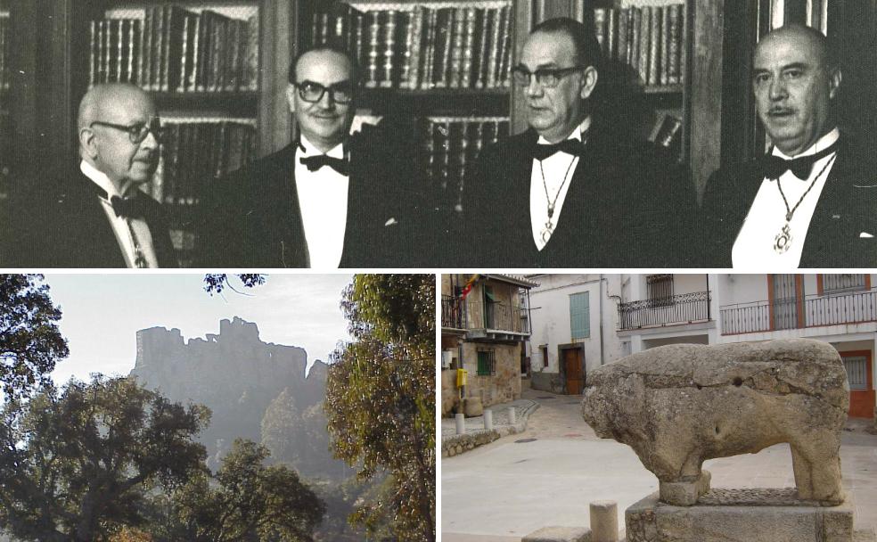 Arriba, en el año 1968, Dámaso, Rodríguez-Moñino, Cela y Lázaro Carreter. Abajao, a la izquierda el Castillo de Mirabel; y a la derecha, el Verraco del tesoro de Segura de Toro. 
