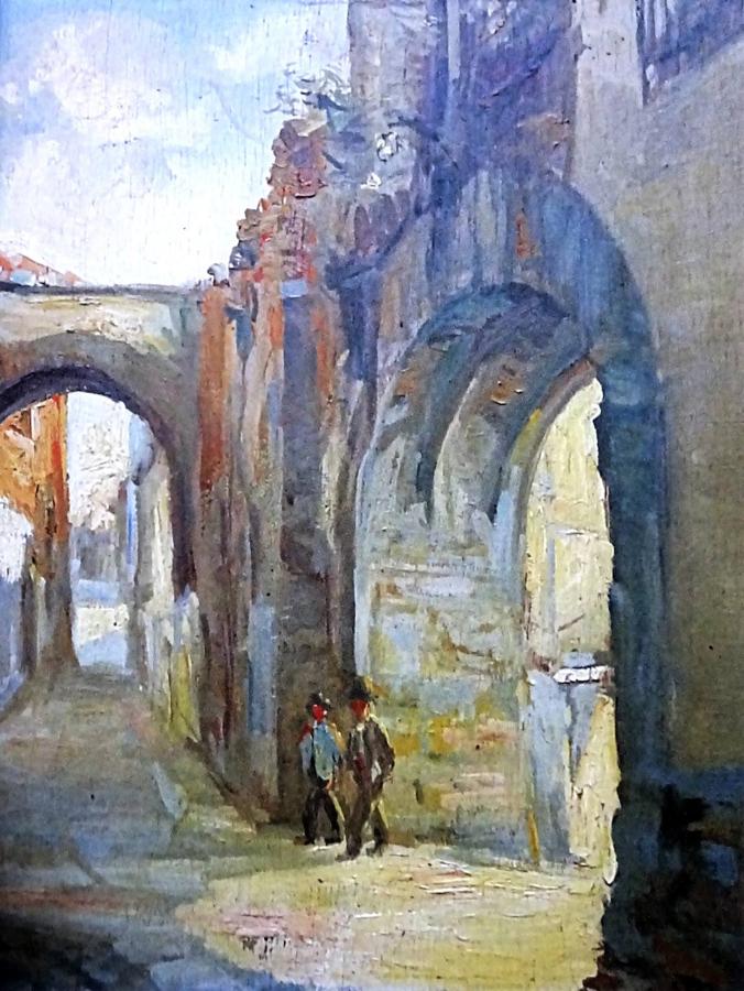 Óleo sobre tabla del Arco de la Estrella de Cáceres. (Del libro 'Solís Ávila, el color de esta tierra')