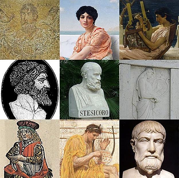 Mosaico con algunos de los principales poetas griegos: Alcmán, Safo, Alceo de Mitilene, Anacreonte, Estesícoro, Íbico, Simónides de Ceos, Baquílides, Píndaro. FriedC.