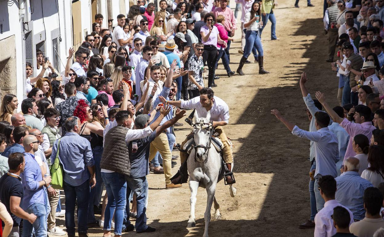 Momento en el que un jinete atraviesa la Corredera con su caballo y el público abriéndole paso. 