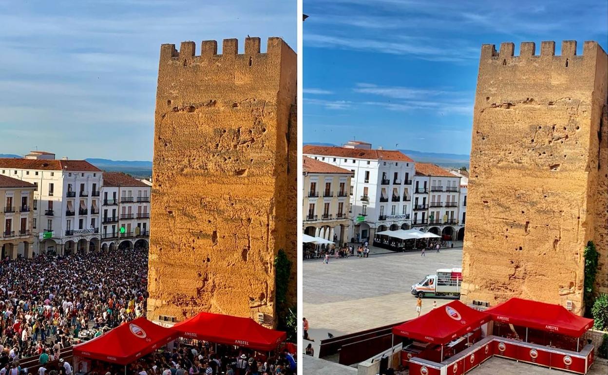 A la izquierda la Plaza en una foto desde Piñuelas en la tarde del sábado, a la derecha ya el domingo. 