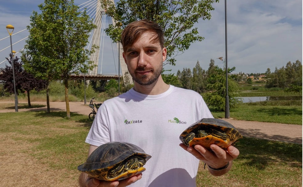 Gonzalo Albarrán sostiene dos tortugas de Florida. 