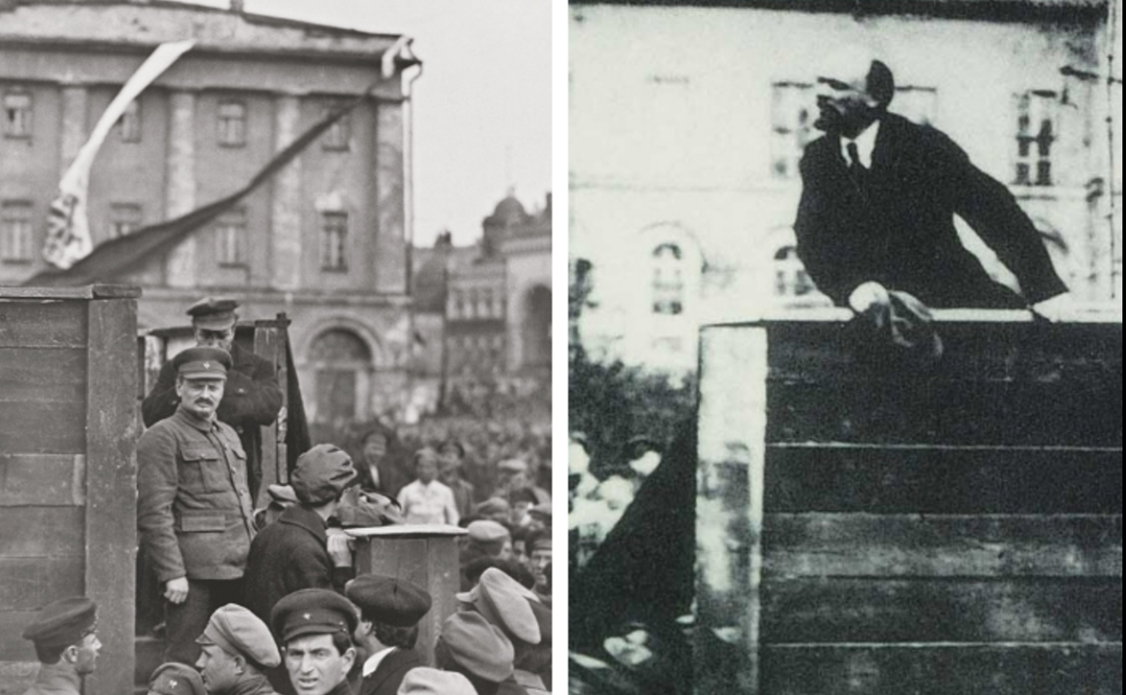 A la izquierda, Lenin arengando a las tropas que partían hacia el frente polaco. Parados en unos escalones están Trotski y Kámenev. La fotografía, una de muchas de esta escena, fue tomada por G.P. Goldstein. En el retoque posterior, la imagen de la derecha, Trotsky y Kámenev son sustituidos por peldaños de madera. 