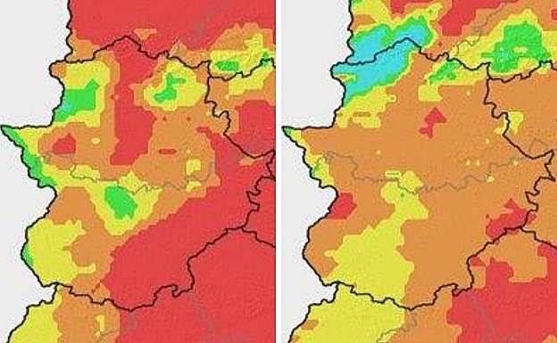 A la izquierda, mapa con el riesgo de incendios previsto para este sábado 18 de junio. A la derecha, mapa con los de este domingo. 