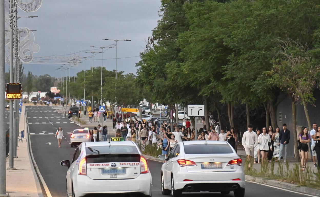 Decenas de jóvenes intentando coger un taxis el domingo por la mañana para salir del ferial. 