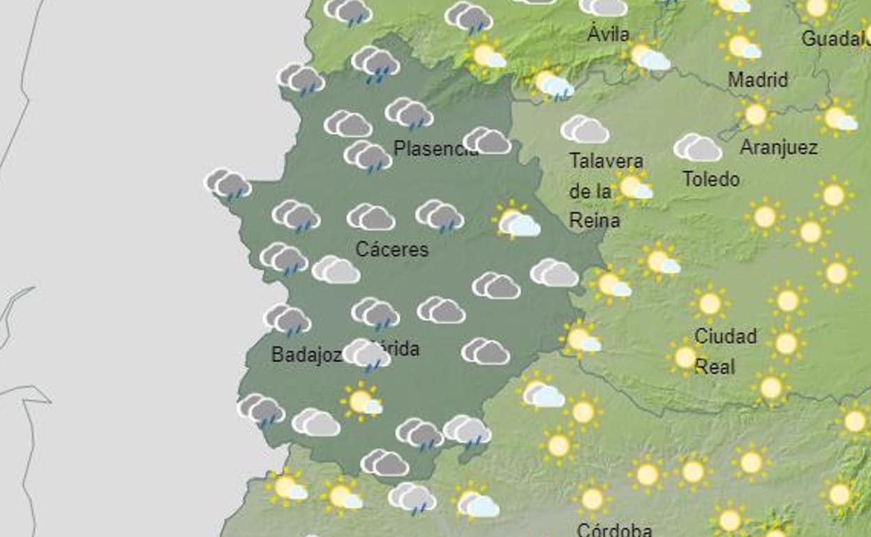 Previsión de chubascos en Extremadura para este miércoles.