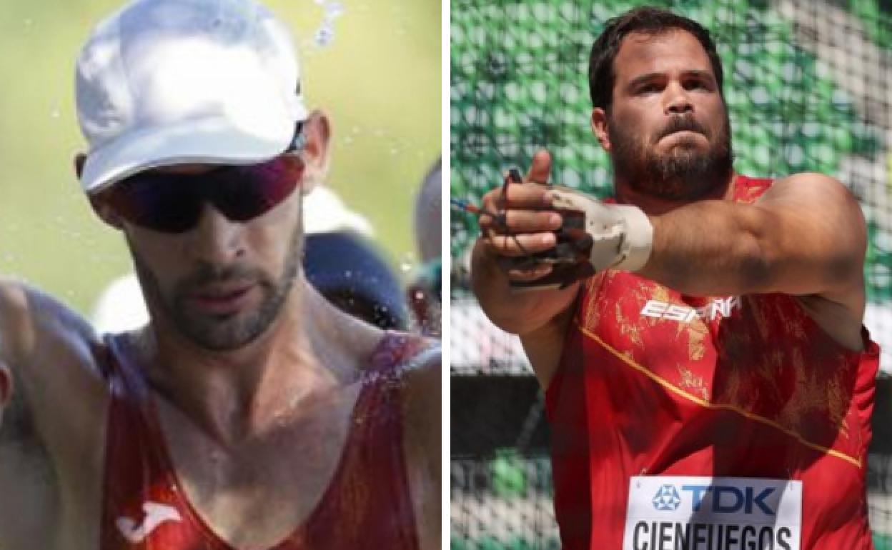 Álvaro Martín, en los 20 kilómetros marcha del Mundial de Eugene (USA). A la derecha, Javier Cienfuegos lanza el artefacto en el Mundial. 