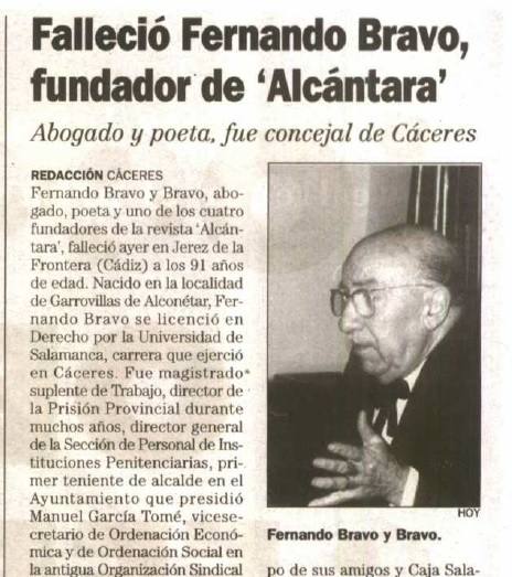 Noticia en el Diario HOY de la muerte de Fernando Bravo en 1998.