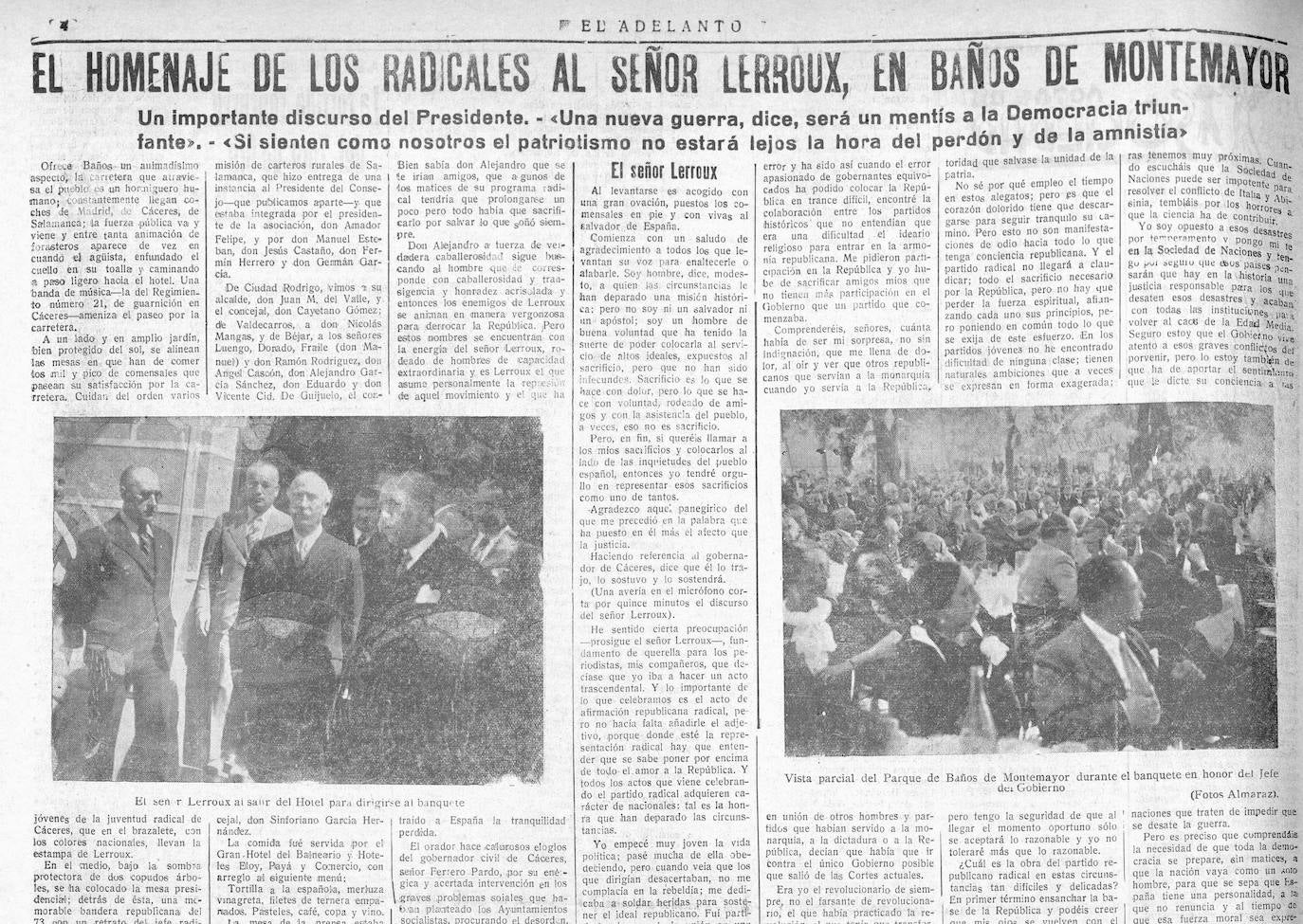 Noticia de El Adelanto de Salamanca, del 27 de agosto de 1935, con el banquete en Baños de Montemayor al jefe del Gobierno.