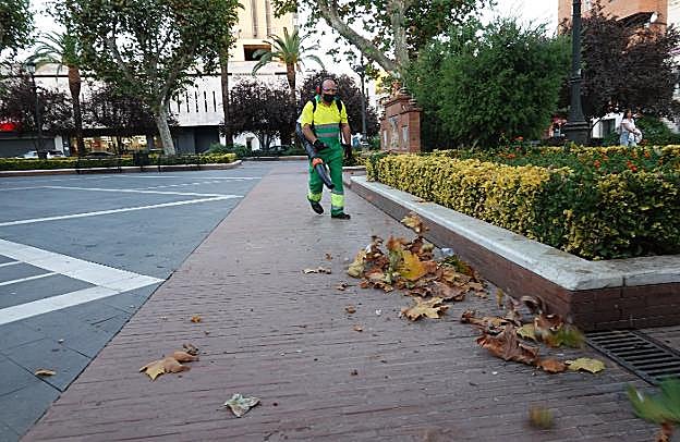 Un trabajador municipal realiza su tarea en el plaza de San Francisco. 