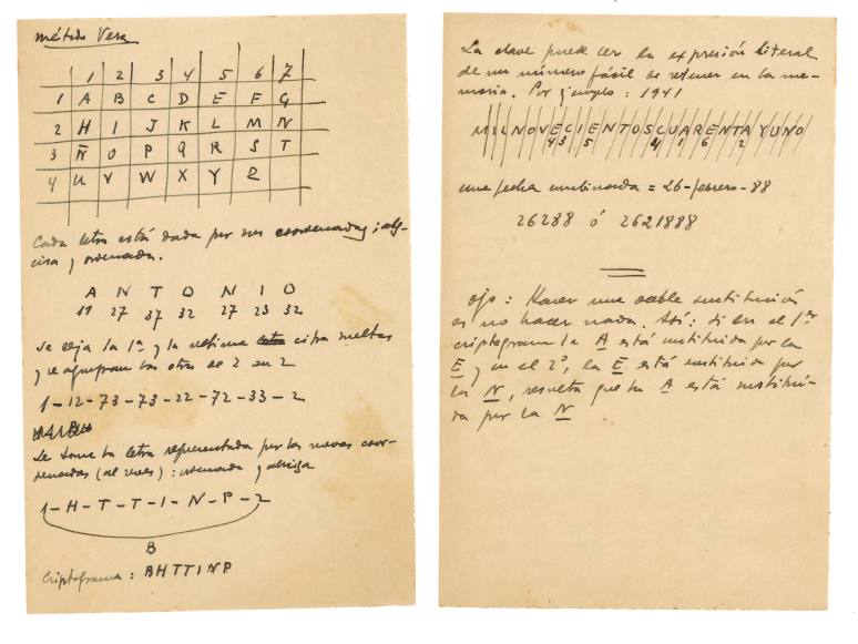 Imagen secundaria 1 - Arriba, detalle del pasaporte de Vera como jefe de claves del Ministerio de Estado de la Segunda República. Abajo, alguno de las notas manuscritas y mecanografiadas sobre el denominado 'Método Vera' del código criptográfico de su autoría. 