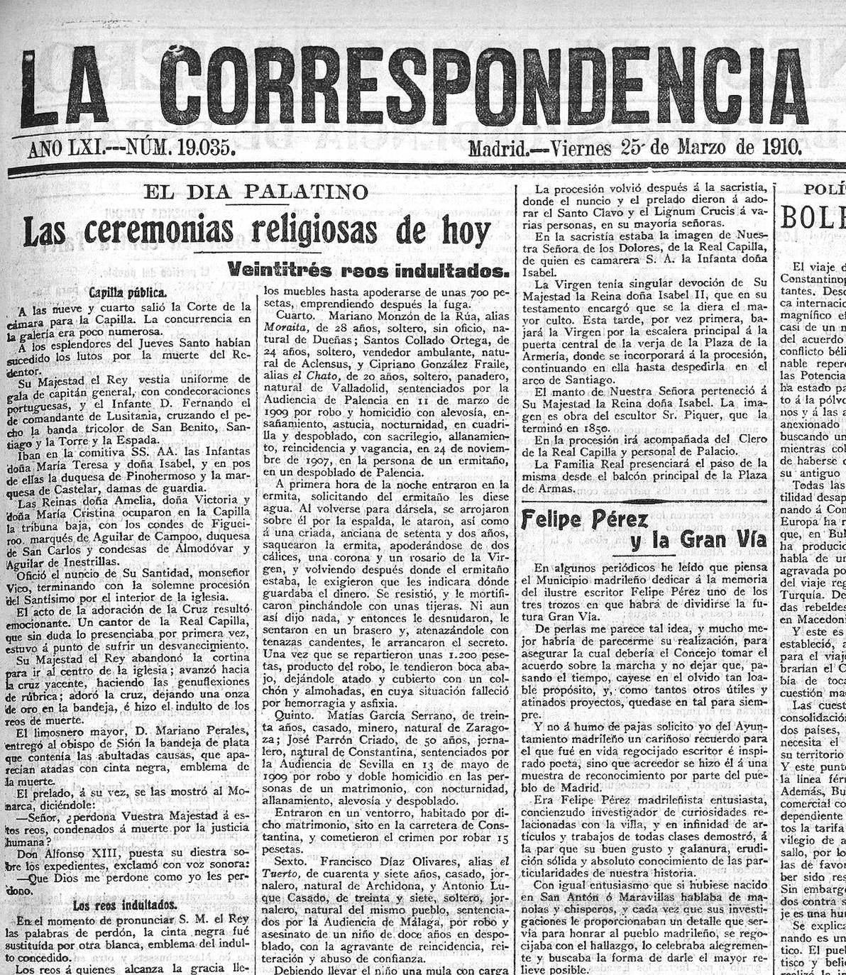 Noticia de los 23 reos indultados publicada en 'La Correspondencia de España' el 25 de marzo de 1910.