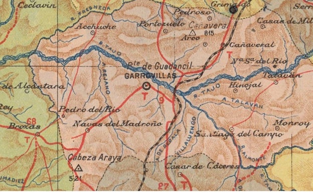 Mapa de la provincia de Cáceres de 1910, con la ubicación de Garrovillas, que empezó a llamarse 'de Alconétar' en 2001. 