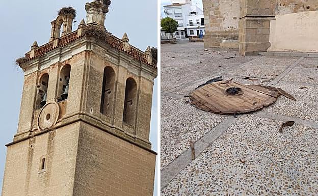 La borrasca Béatrice deja sin reloj a la iglesia de San Pedro de Montijo