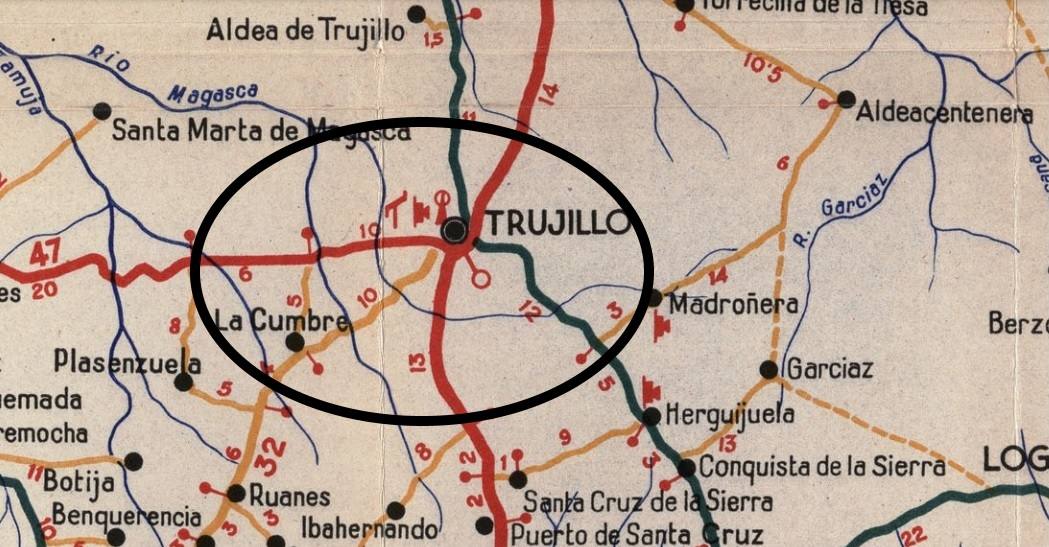 Mapa de la provincia de Cáceres de los años 50. El homicidio ocurrió en el verano de 1958 en una finca cerca de La Cumbre, en el término municipal de Trujillo.