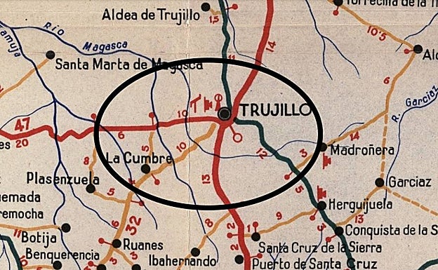 Mapa de la provincia de Cáceres de 1950. El crimen ocurrió en una finca entre La Cumbre y Trujillo. 