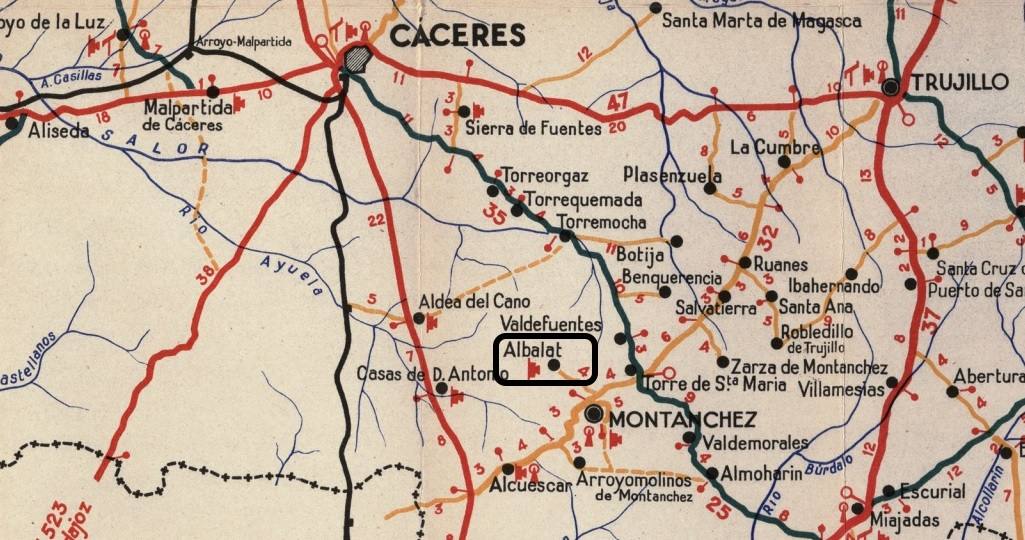 Mapa de la provincia de Cáceres en 1950. La localidad de Albalá, de aquella, figuraba en algunos lugares como Albalat.