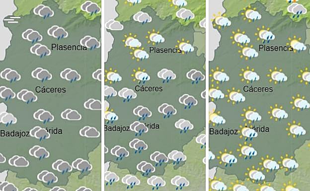 Probabilidad de precipitaciones para este miércoles (izquierda), jueves (centro) y viernes (derecha). 
