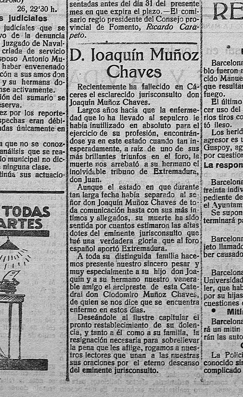 Noticia de la muerte de Joaquín Muñoz Chaves, publicada en Correo de la Mañana el 27 de diciembre de 1923. Su hermano pequeño Juan murió en 1917 con 61 años.