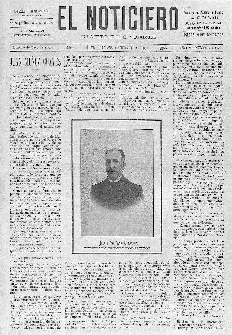 Ejemplar de 'El Noticiero. Diario de Cáceres' del 6 de mayo de 1907 dedicado a Juan Muñoz Chaves, en el que se señala que él, su hermano Joaquín y su tío Joaquín Muñoz Bueno tenían el bufete de abogados de más fama de Extremadura.
