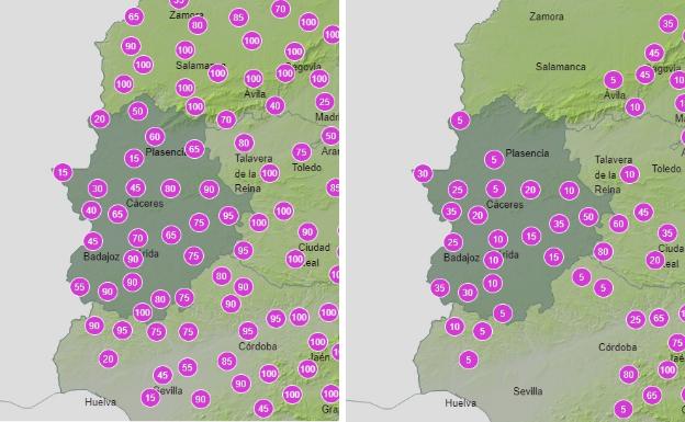 Probabilidad de lluvia este domingo en Extremadura de de 12:00 a 18:00, y de 18:00 a medianoche.