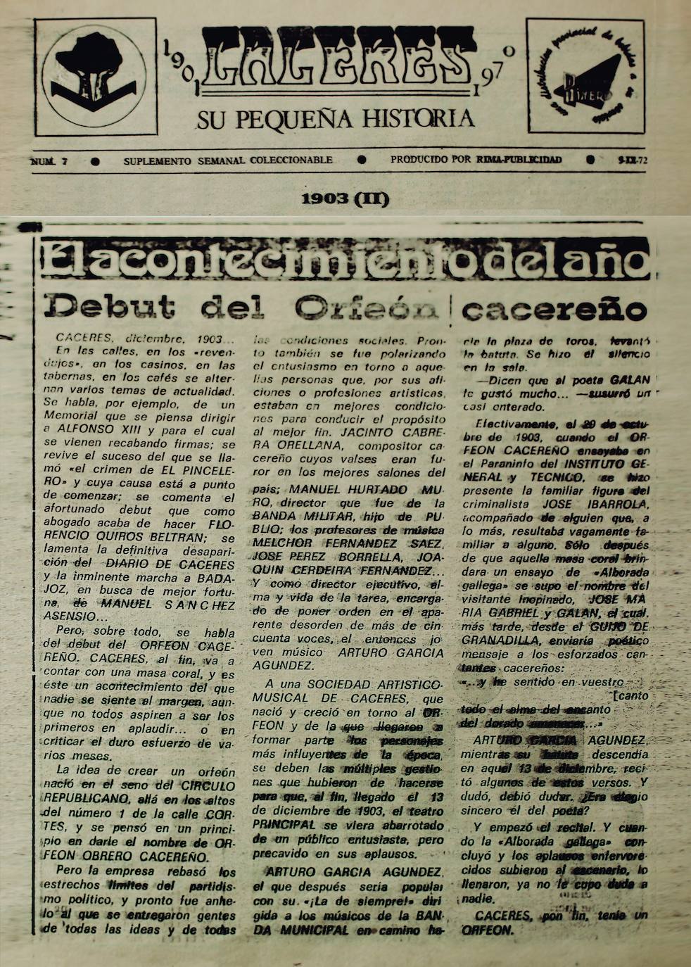 Noticia de 1903 con el debut del Orfeón Cacereño