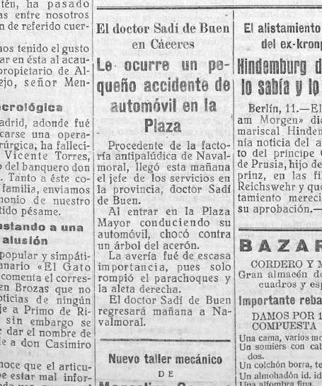 Noticia publicada en el periódico ‘Nuevo Día’ el 12 de octubre de 1926, del accidente de Sadí de Buen al chocar su coche contra un árbol de la Plaza Mayor de Cáceres.