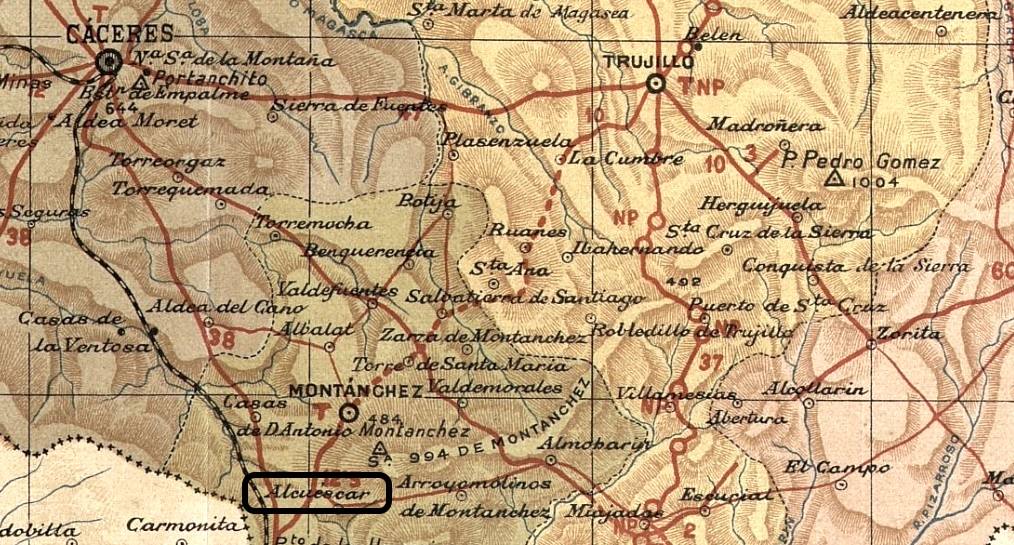 Mapa de la provincia de Cáceres de los años 30. Alcuéscar está señalado con un recuadro.