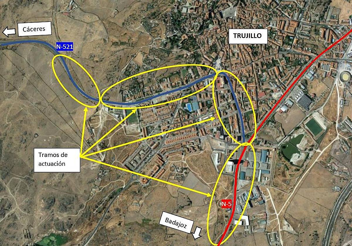 Tramos de la N-5 y la N-521 en los que se actuará.