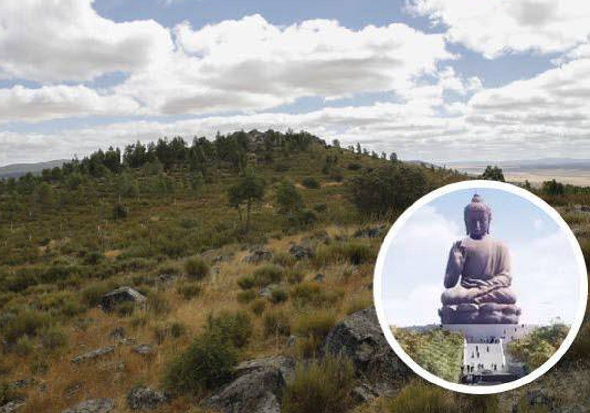 Cerro Arropé junto a una imagen de la estatua de Buda que se quiere instalar en esa zona de Cáceres.