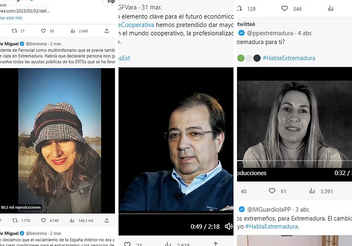 Pantallazos de los vídeos subidos a Twitter en marzo por De Miguel (Unidas por Extremadura), Vara (PSOE) y Guardiola (PP)