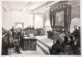 El juicio del 'muerto resucitado' que tuvo lugar en Plasencia en la segunda quincena de octubre de 1888. El 'muerto resucitado' está a la izquierda, en primer plano