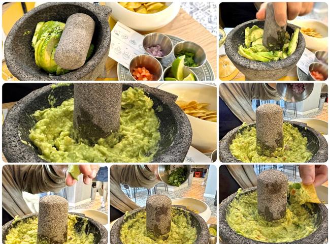 Molcajete de guacamole con totopos.