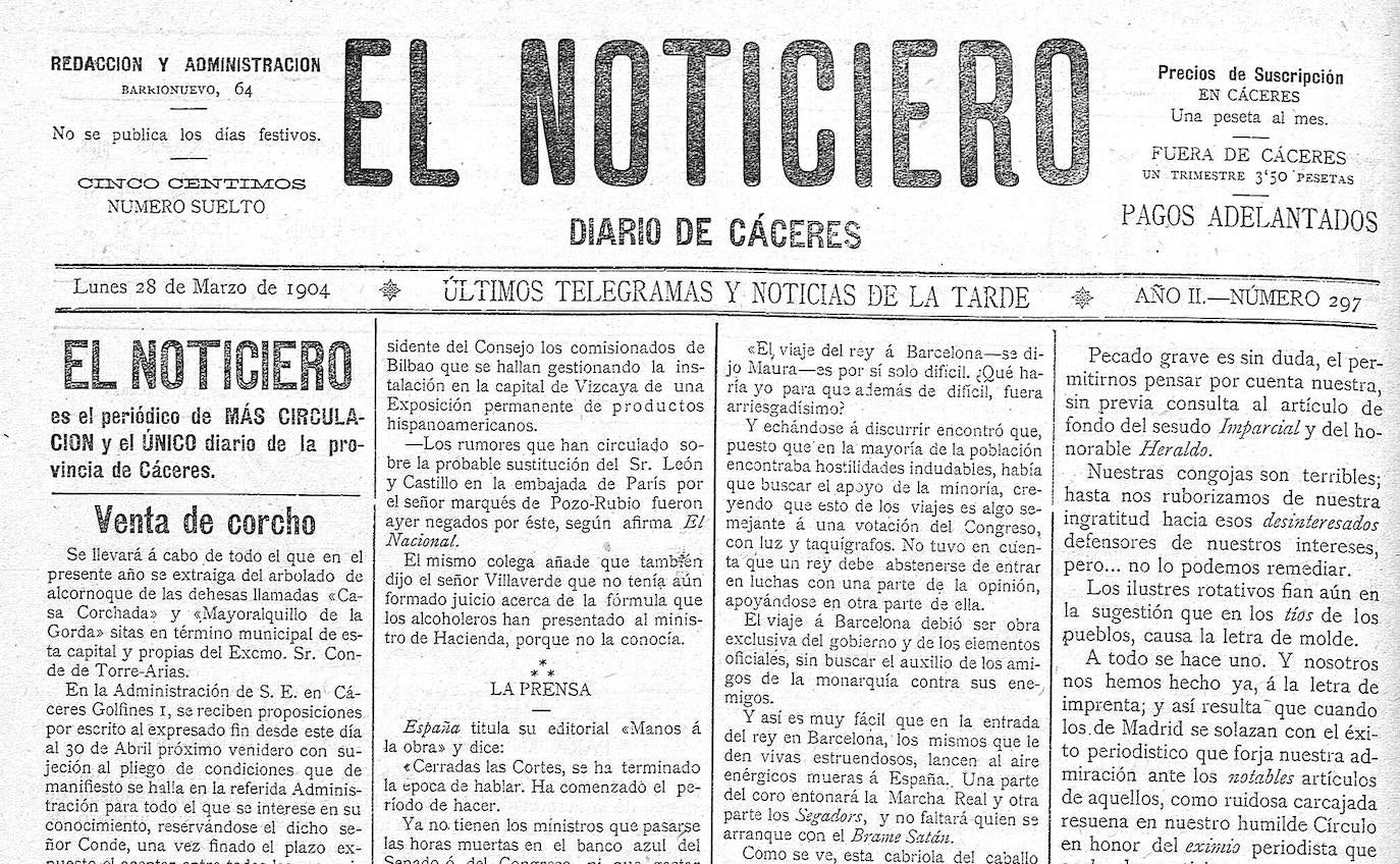 En Cáceres Manuel Castillo fundó el diario 'El Noticiero', cuya redacción y administración estaba en el número 64 de la calle Barrionuevo.