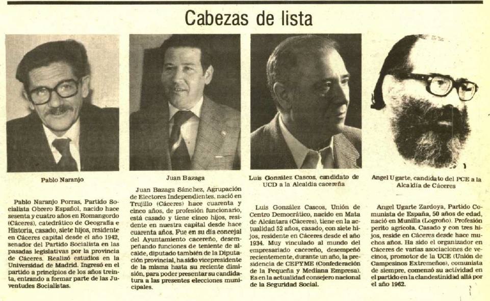 Los cuatro candidatos a alcalde de Cáceres en 1979: Pablo Naranjo (PSOE) tenía 64 años y 7 hijos; Juan Bazaga (Agrupación de Electores Independientes), tenía 45 años y 5 hijos; Luis González Cascos (UCD), 52 años y 7 hijos; y Ángel Ugarte (Partido Comunista) 50 años y 3 hijos.