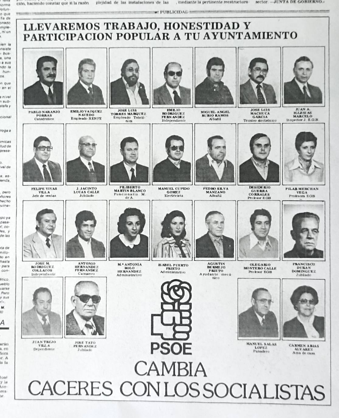 Los 25 candidatos del PSOE para el ayuntamiento de Cáceres en 1979.