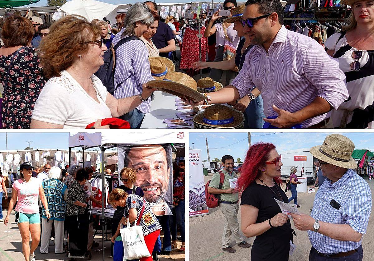 El PP, el PSOE y Unidas Podemos haciendo campaña en el mercadillo.